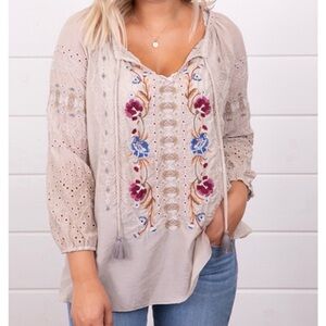 Johnny Was Silk/Cotton Cream Embroidered Peasant Blouse